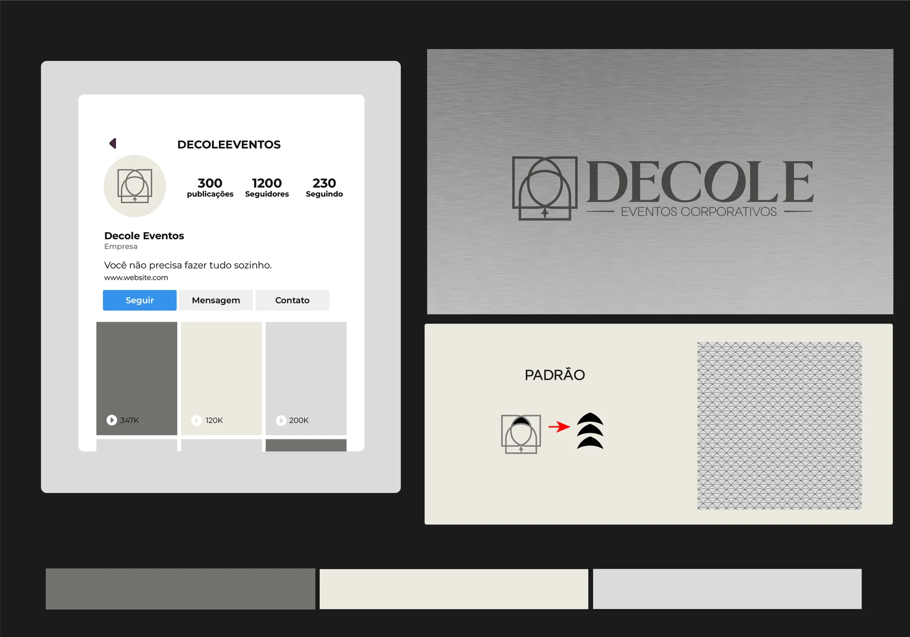 Perfil de rede social, paleta cinza e textura metálica do Decole Eventos Corporativos