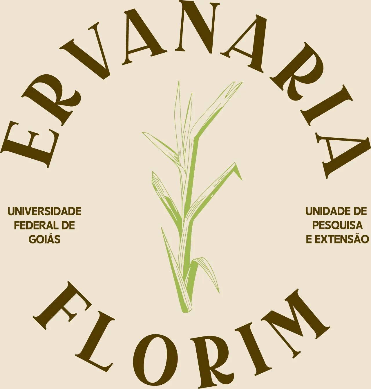 Selo circular com a palavra Ervanaria, o capim-limão ao centro e o nome Florim