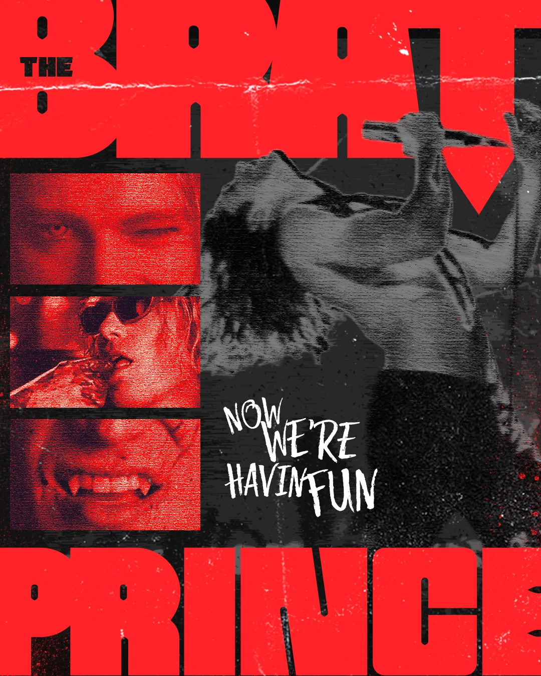 Poster tipográfico em vermelho e preto com a frase Now we're having fun